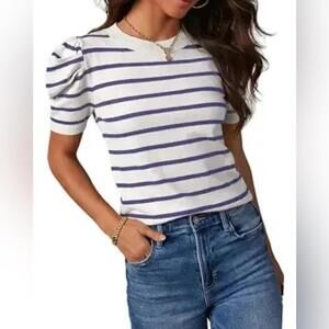 Puff Sleeve Striped SOFT Knit T-shirt Blouse Crewneck casual closet staple Sz LG